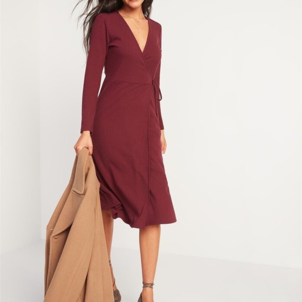 Rib-Knit Midi Fit & Flare Wrap Dress